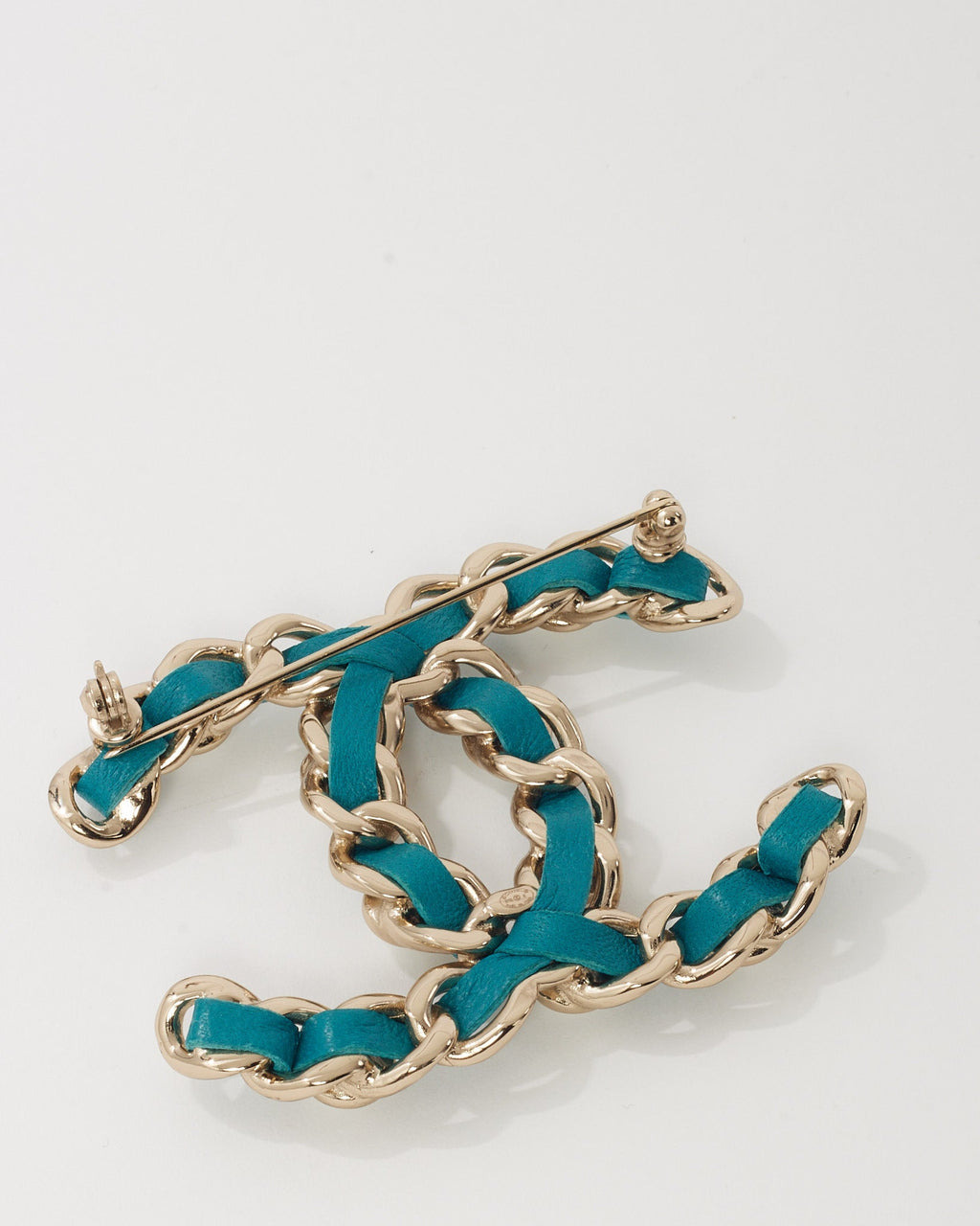 Chanel Silver Metal and Turquoise Blue Leather and Pearl Interwoven CC Logo Brooch