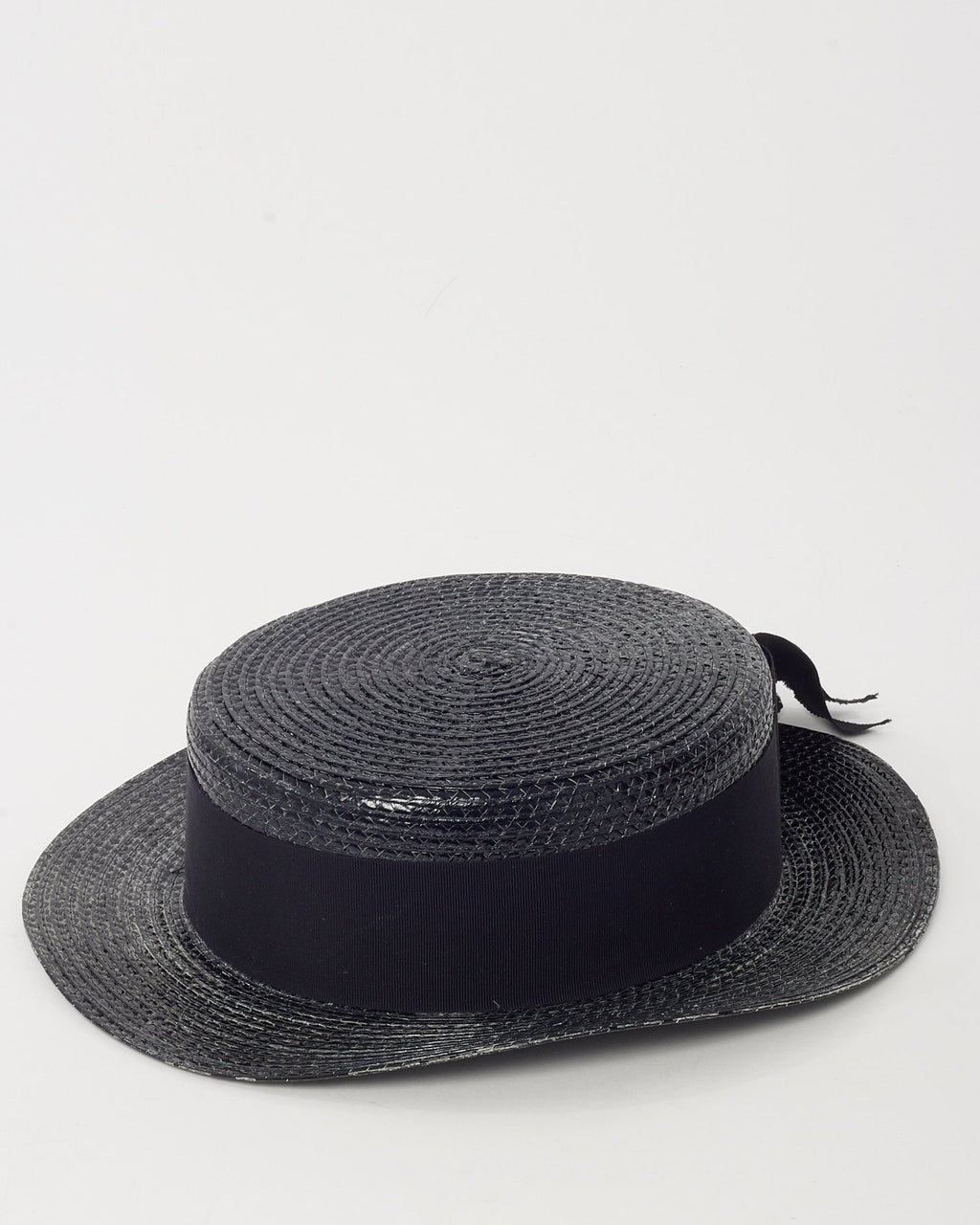 Saint Laurent Black Woven Raffia Straw Wide Brim Ribbon Hat - S