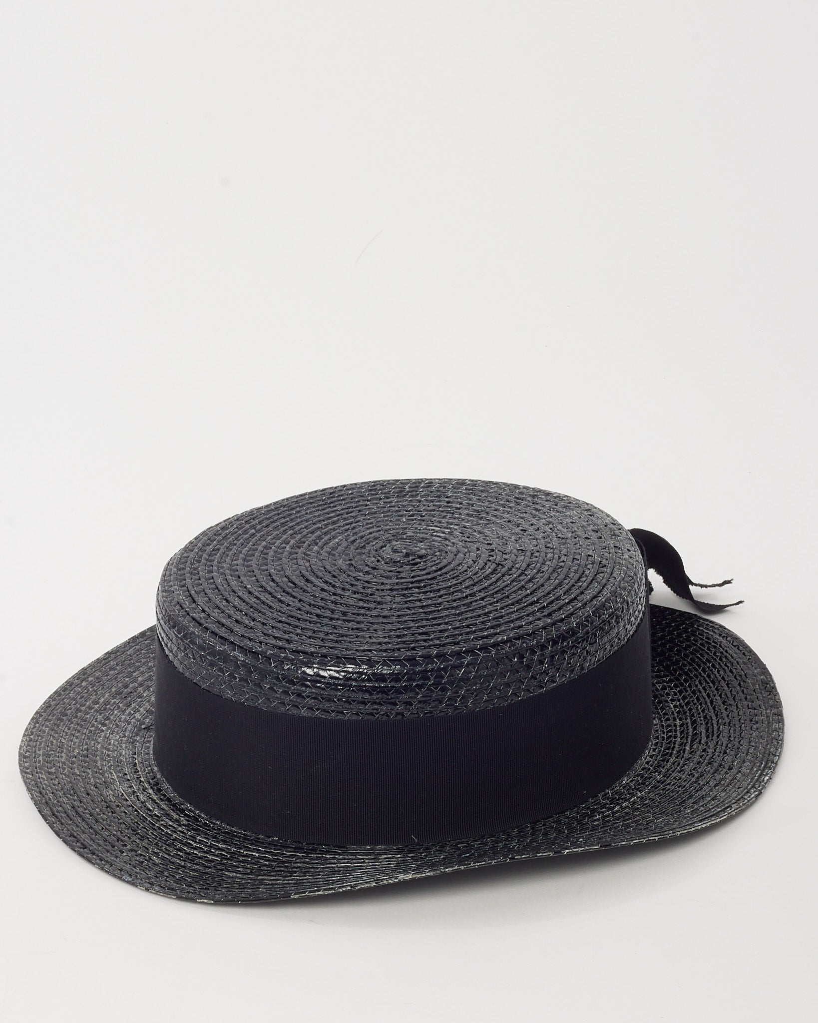 Saint Laurent Black Woven Raffia Straw Wide Brim Ribbon Hat - S