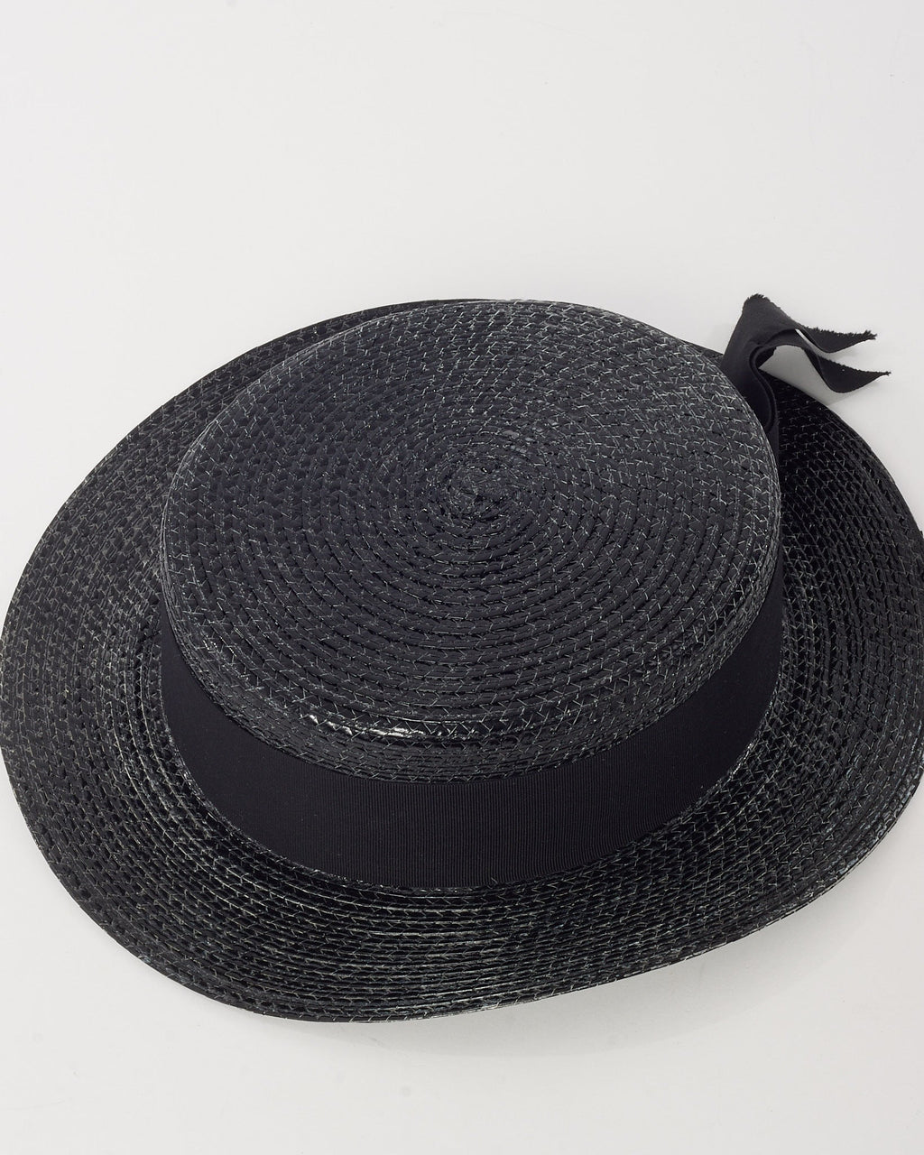 Saint Laurent Black Woven Raffia Straw Wide Brim Ribbon Hat - S