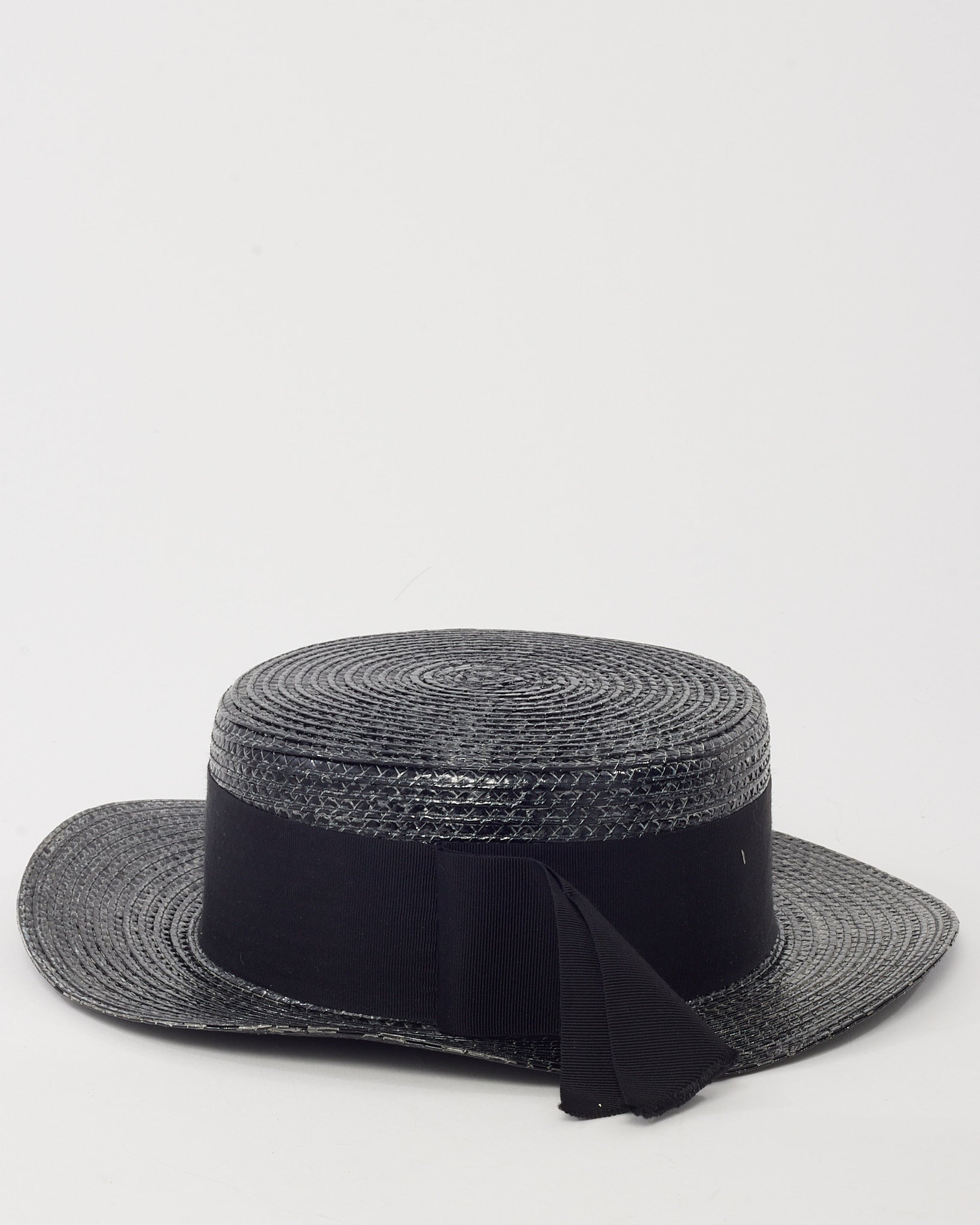 Saint Laurent Black Woven Raffia Straw Wide Brim Ribbon Hat - S