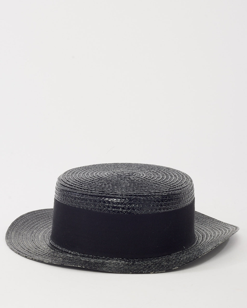 Saint Laurent Black Woven Raffia Straw Wide Brim Ribbon Hat - S