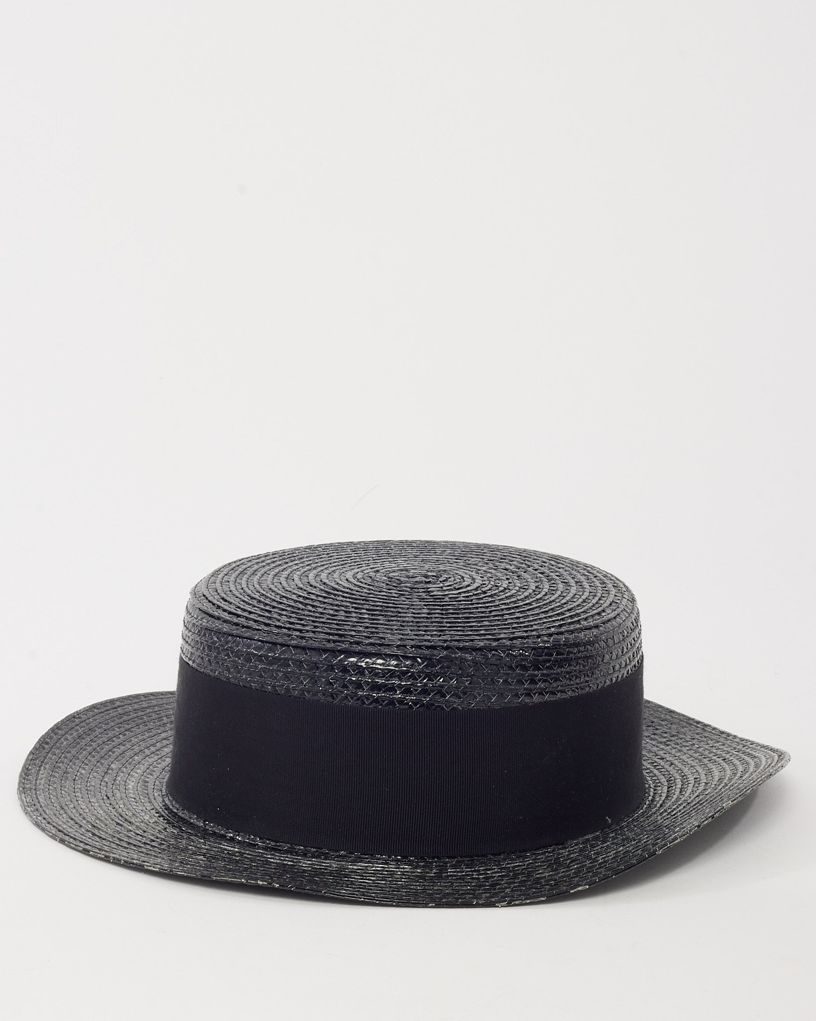 Saint Laurent Black Woven Raffia Straw Wide Brim Ribbon Hat - S