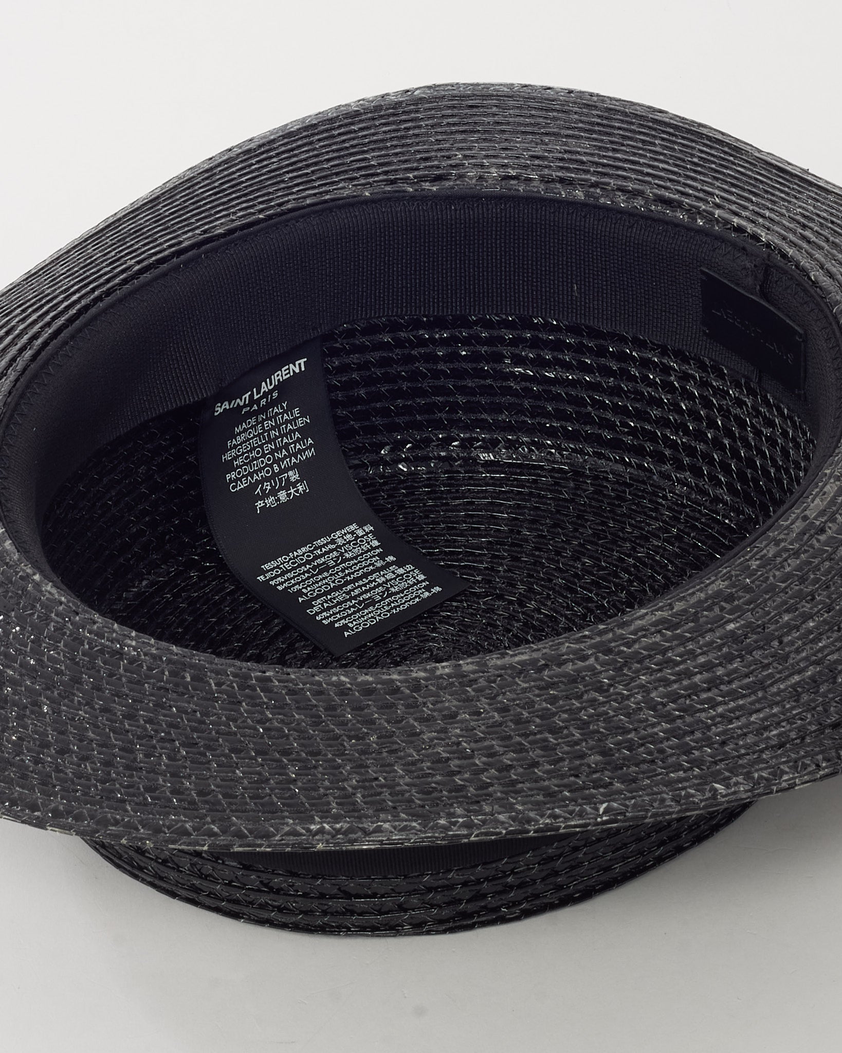 Saint Laurent Black Woven Raffia Straw Wide Brim Ribbon Hat - S