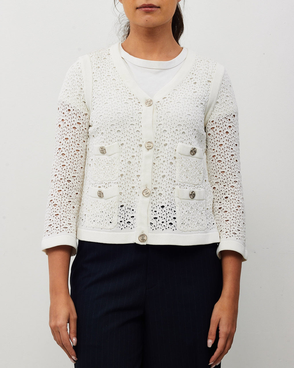 Chanel White Perforated Crochet Knit CC Logo Button Cardigan Sweater - 40