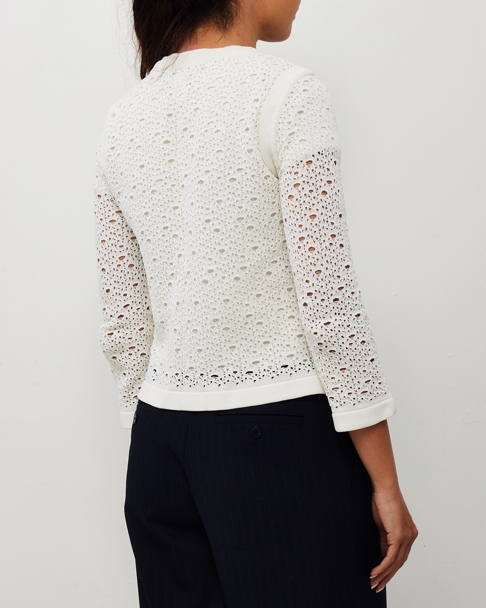 Chanel White Perforated Crochet Knit CC Logo Button Cardigan Sweater - 40