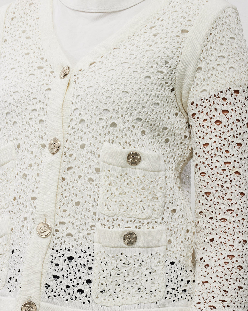 Chanel White Perforated Crochet Knit CC Logo Button Cardigan Sweater - 40