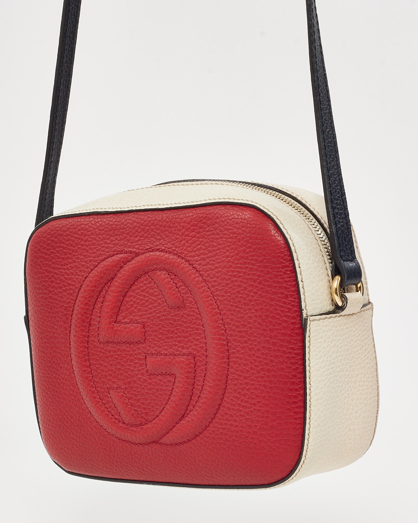 Gucci Red/Cream/Black Tri-Color Pebbled Calfskin Leather GG Soho Disco Crossbody Bag