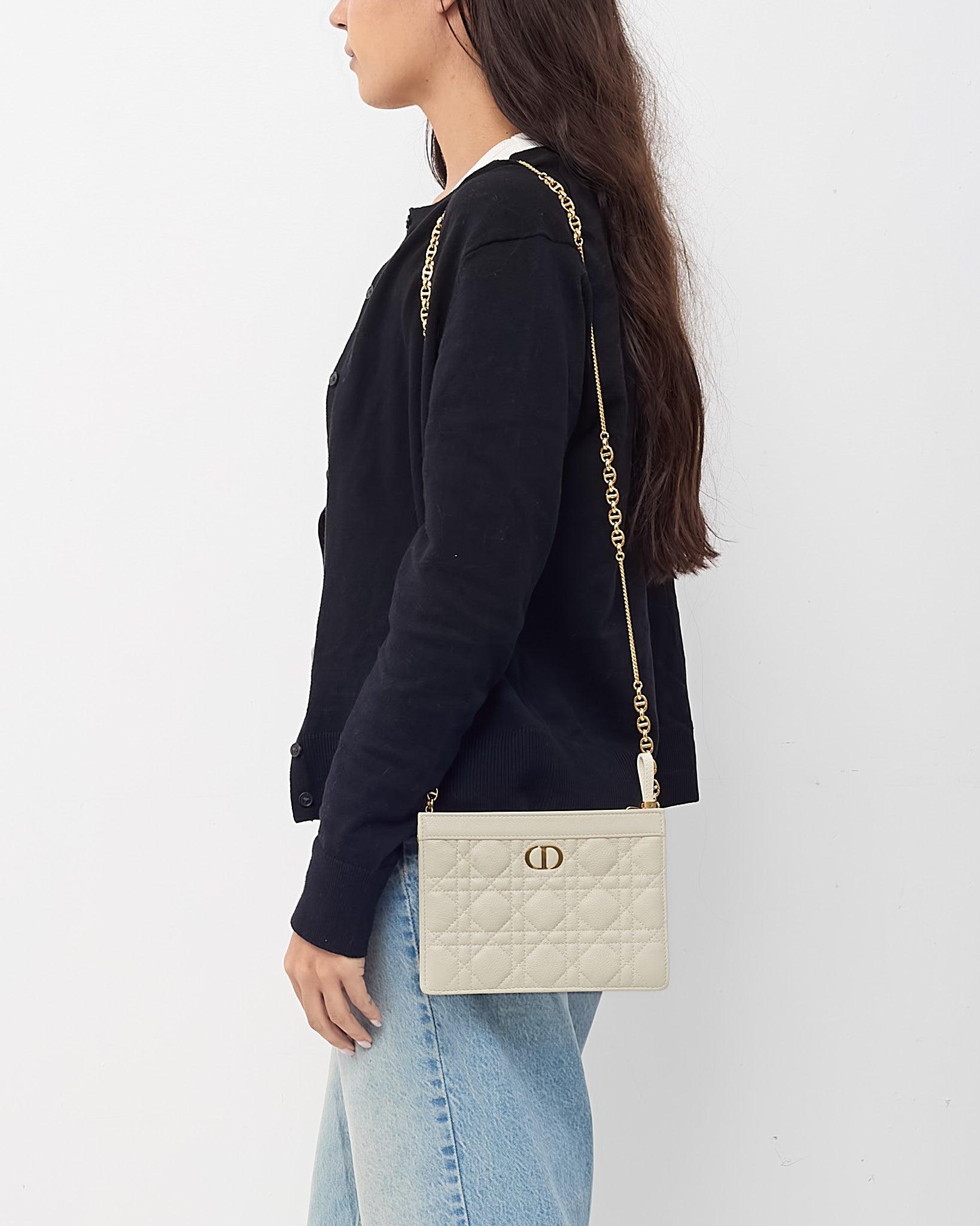 Dior White Calfskin Cannage Leather Caro Zipped Every Dior Pouch With Chain GHW
