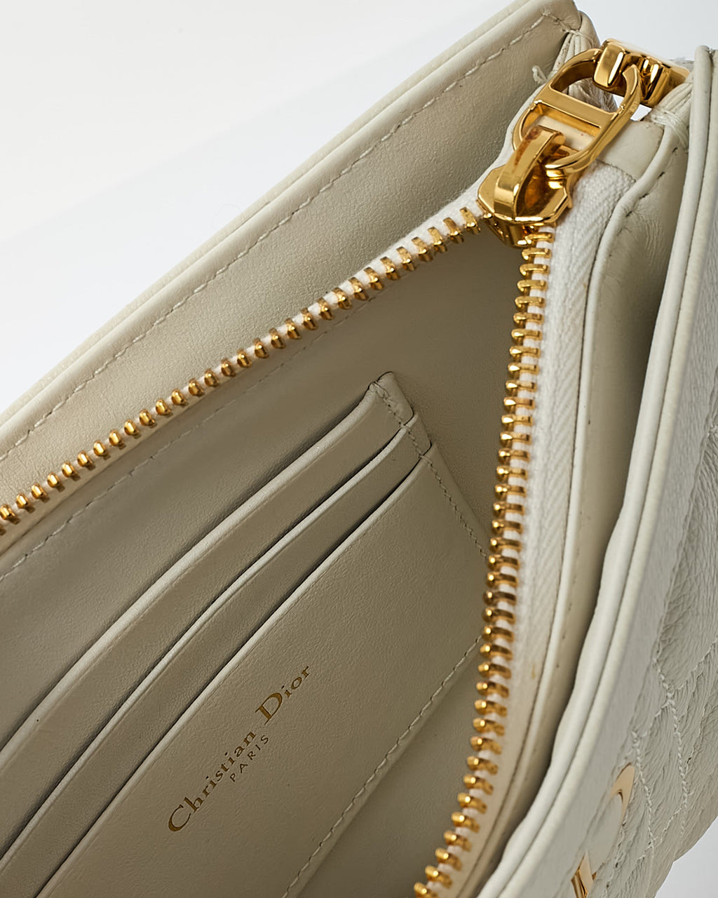 Dior White Calfskin Cannage Leather Caro Zipped Every Dior Pouch With Chain GHW