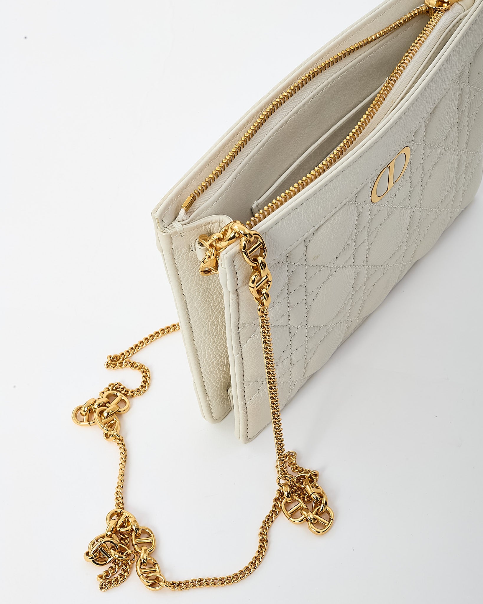 Dior White Calfskin Cannage Leather Caro Zipped Every Dior Pouch With Chain GHW