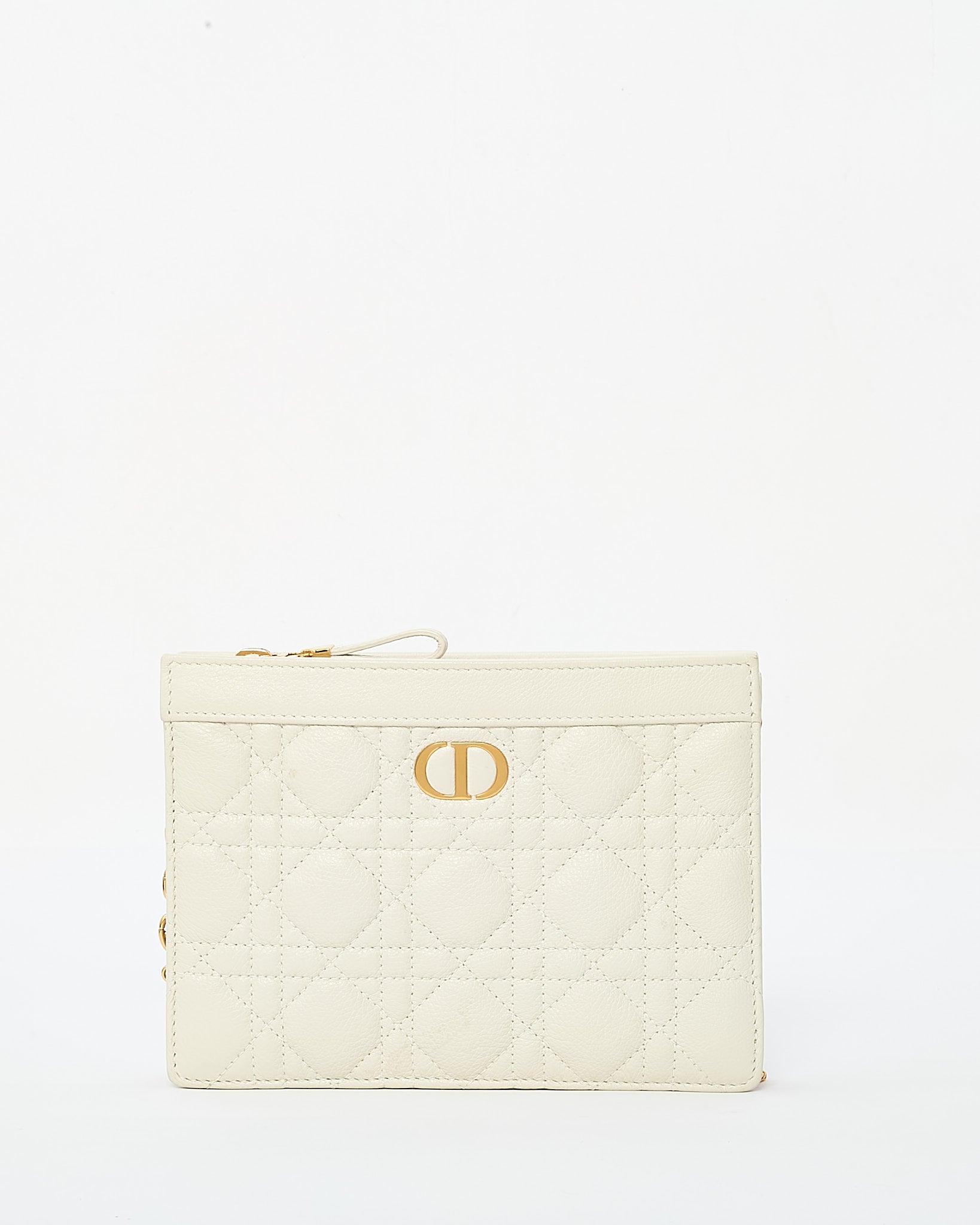 Dior White Calfskin Cannage Leather Caro Zipped Every Dior Pouch With Chain GHW