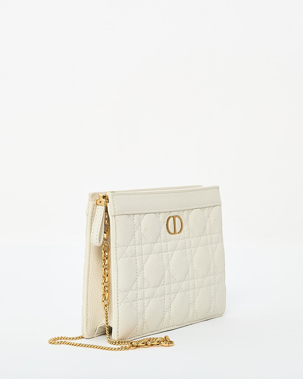 Dior White Calfskin Cannage Leather Caro Zipped Every Dior Pouch With Chain GHW