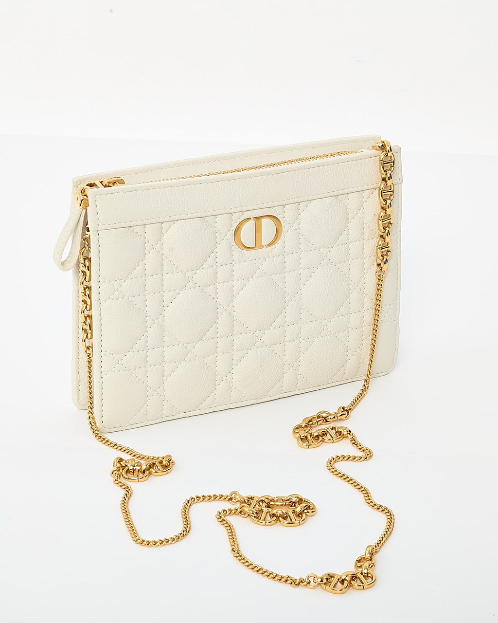 Dior White Calfskin Cannage Leather Caro Zipped Every Dior Pouch With Chain GHW