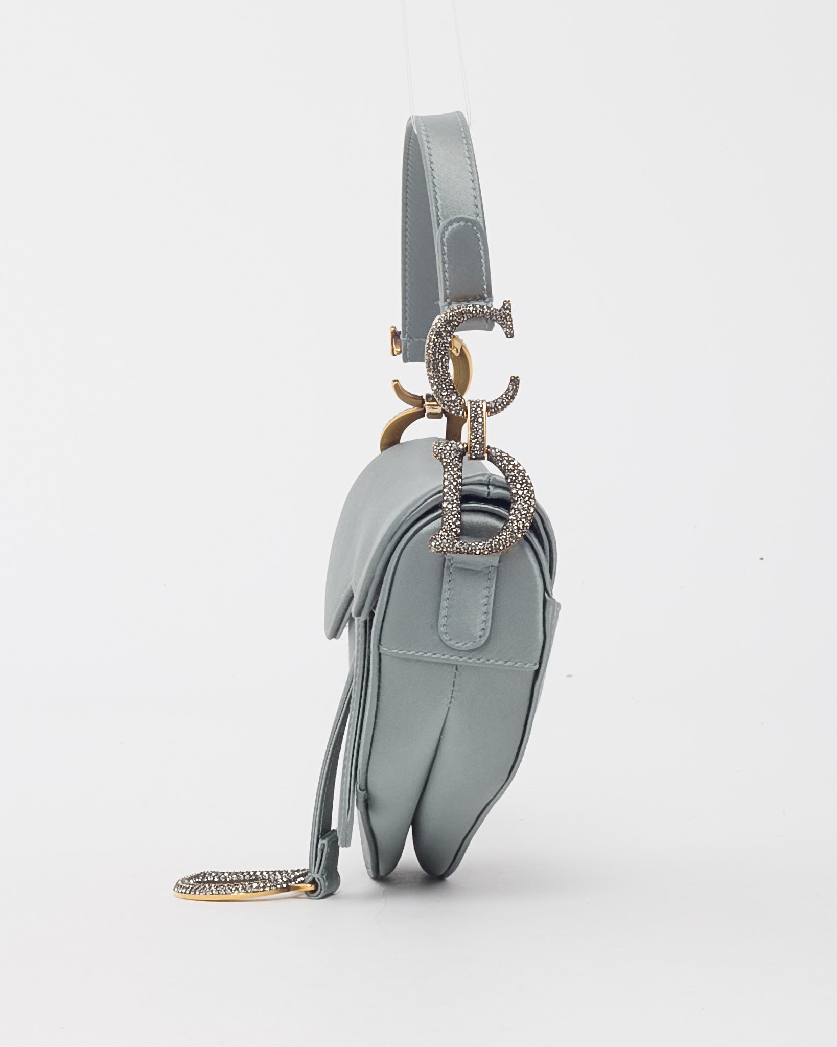 Dior Limited Edition Dust Blue Satin Crystal Embellished Mini Saddle Bag
