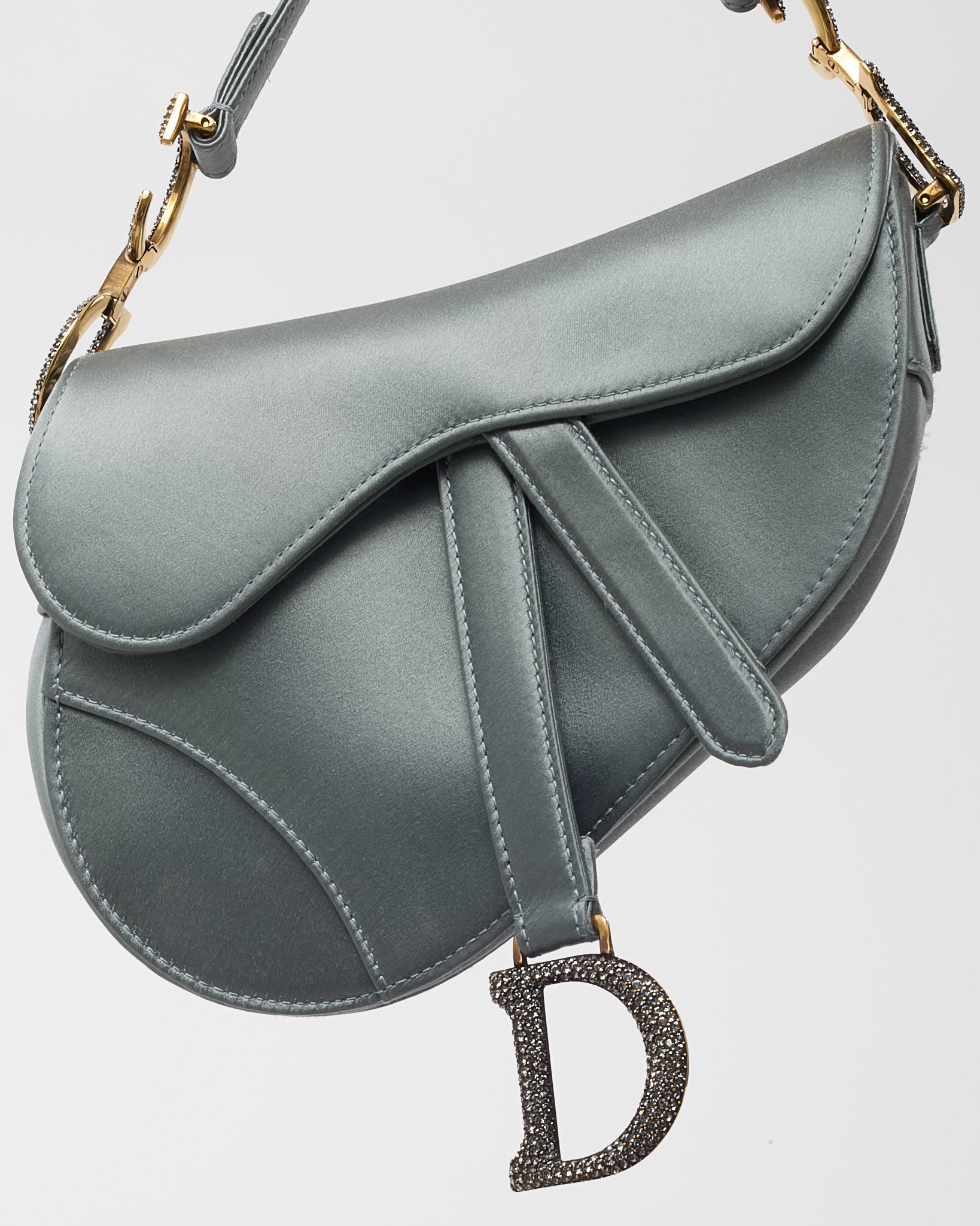 Dior Limited Edition Dust Blue Satin Crystal Embellished Mini Saddle Bag