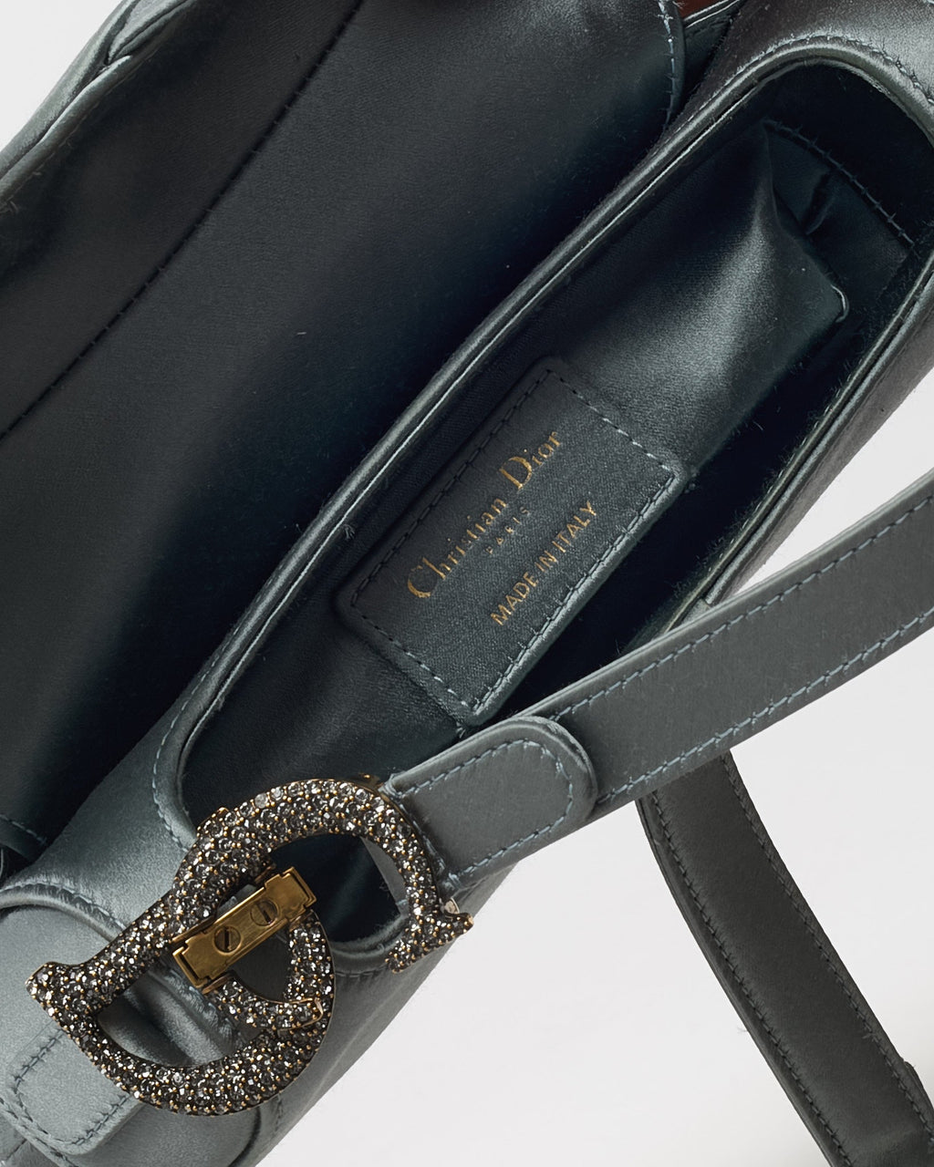Dior Limited Edition Dust Blue Satin Crystal Embellished Mini Saddle Bag