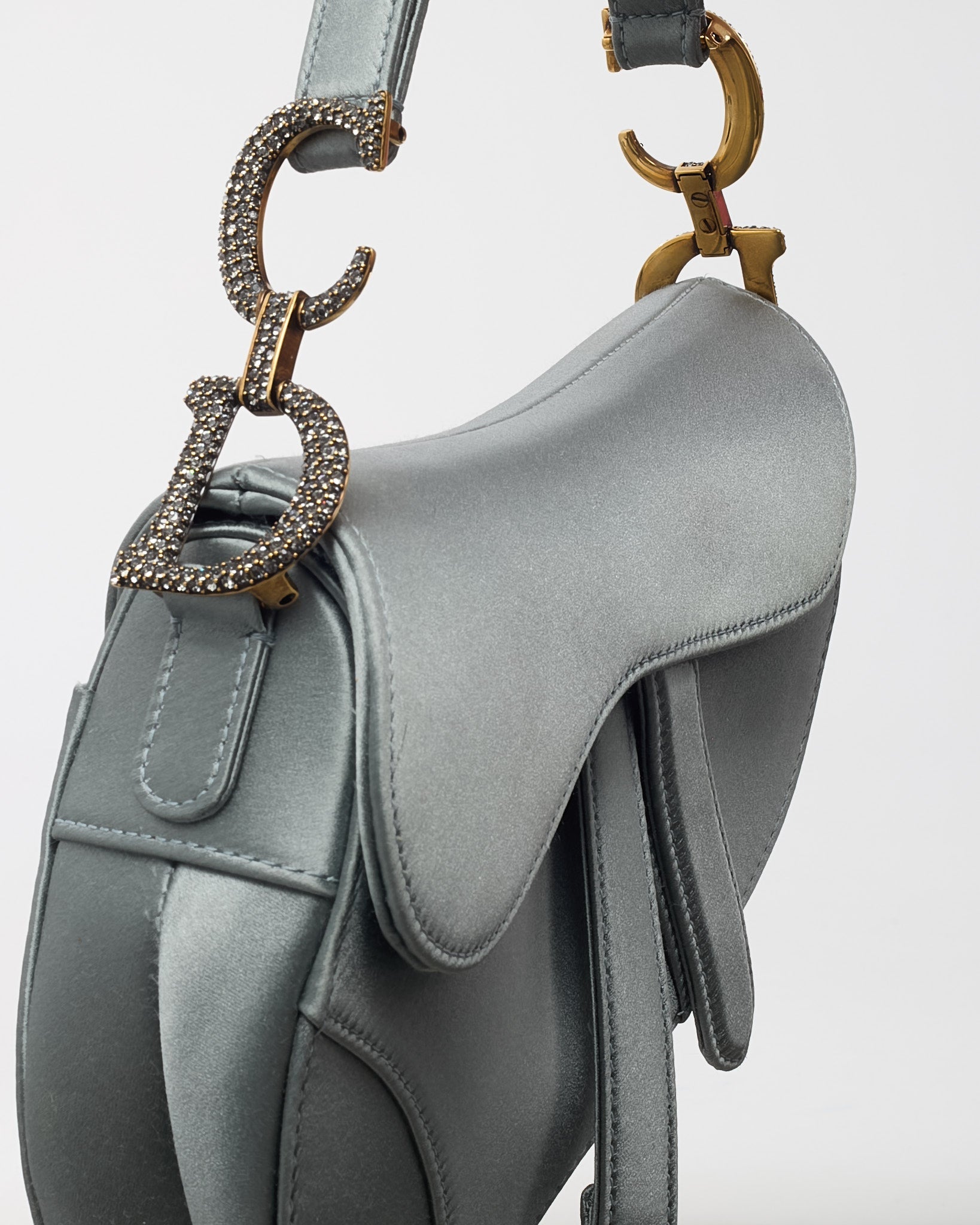 Dior Limited Edition Dust Blue Satin Crystal Embellished Mini Saddle Bag