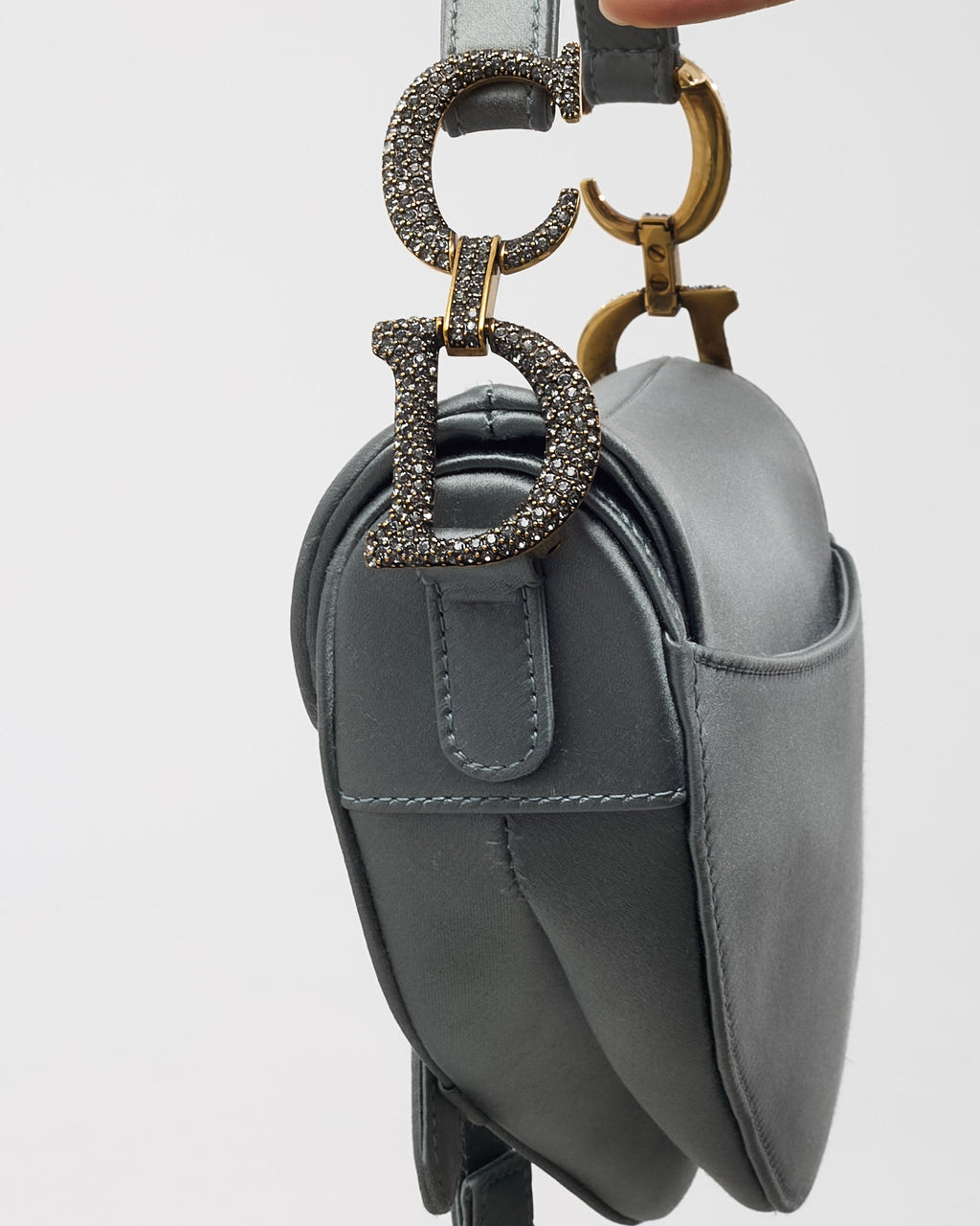 Dior Limited Edition Dust Blue Satin Crystal Embellished Mini Saddle Bag