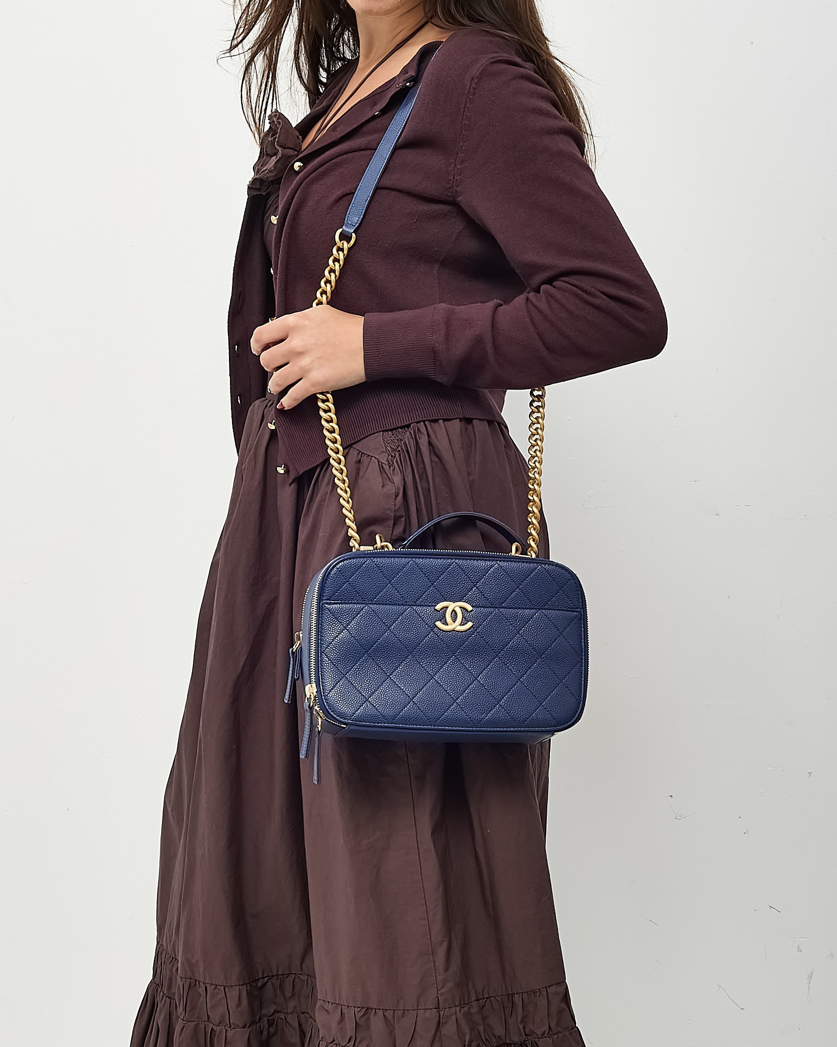 Chanel Blue Quilted Caviar Leather Business Affinity Camera Chain Bag GHW