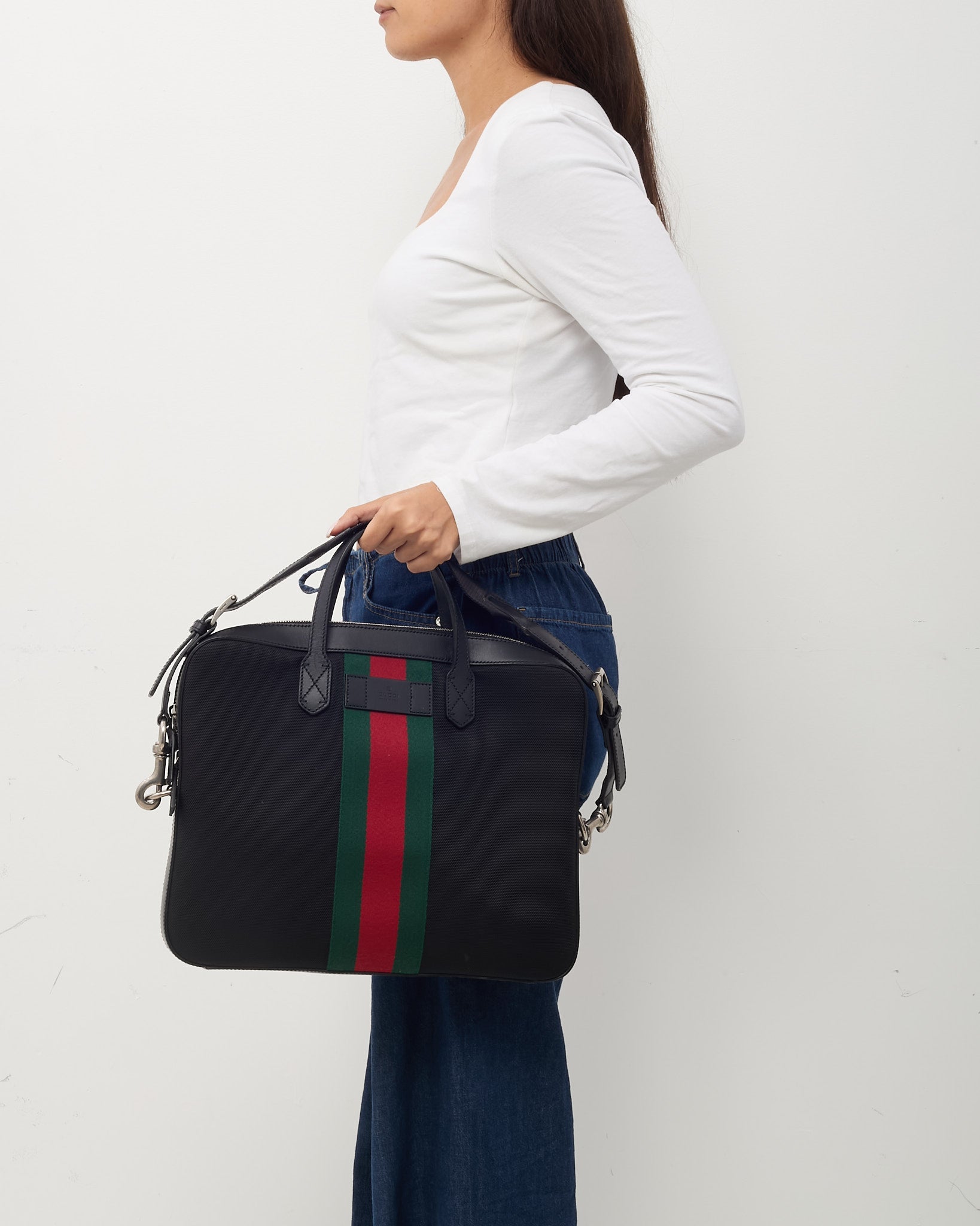 Gucci Black Techno Canvas Web Top Handle Briefcase with Strap