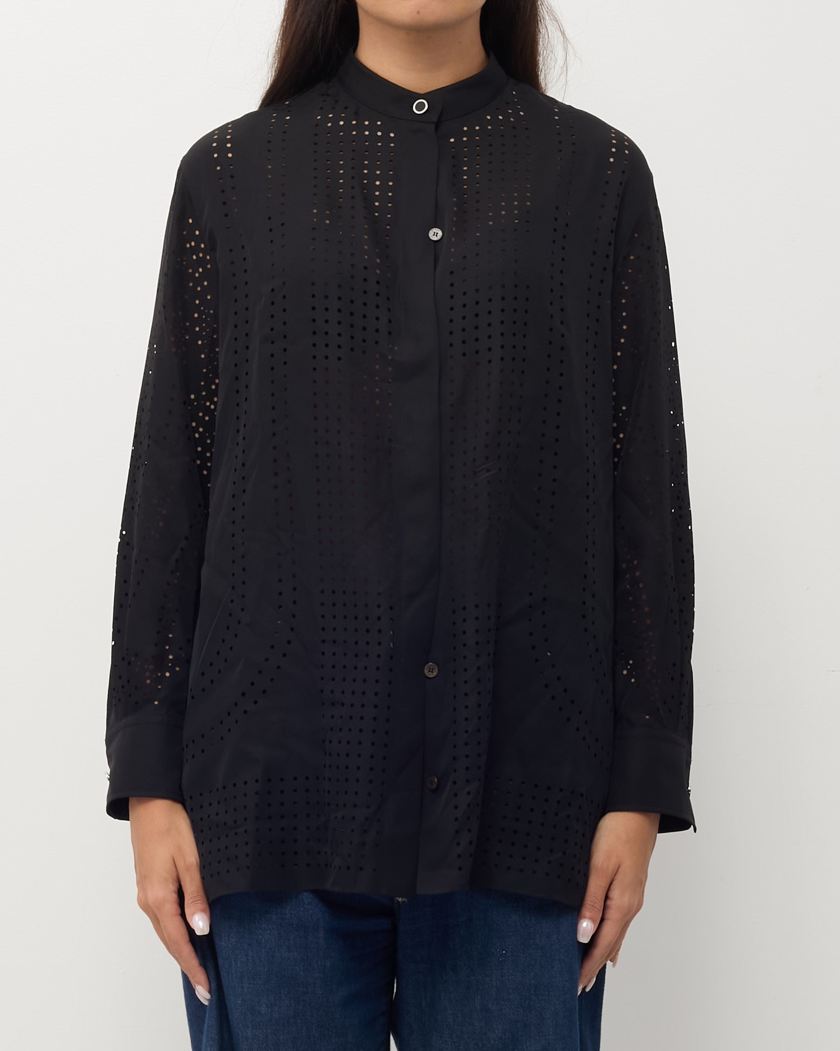 Hermès Black Perforated Silk Long Sleeve Button Down Shirt - 36