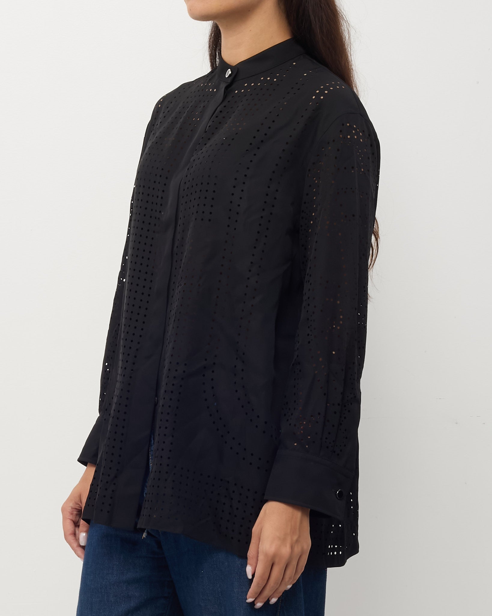 Hermès Black Perforated Silk Long Sleeve Button Down Shirt - 36