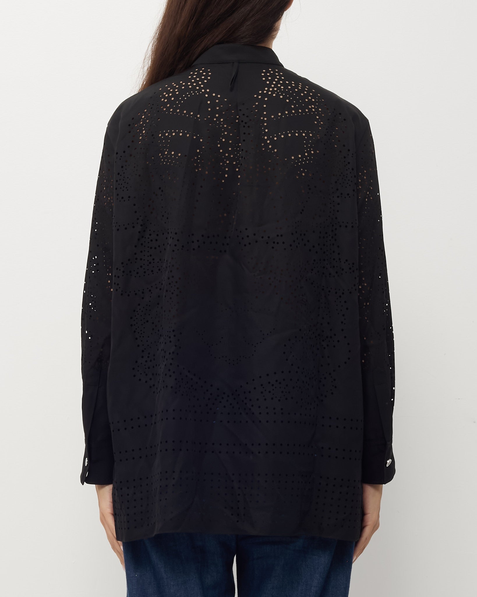 Hermès Black Perforated Silk Long Sleeve Button Down Shirt - 36