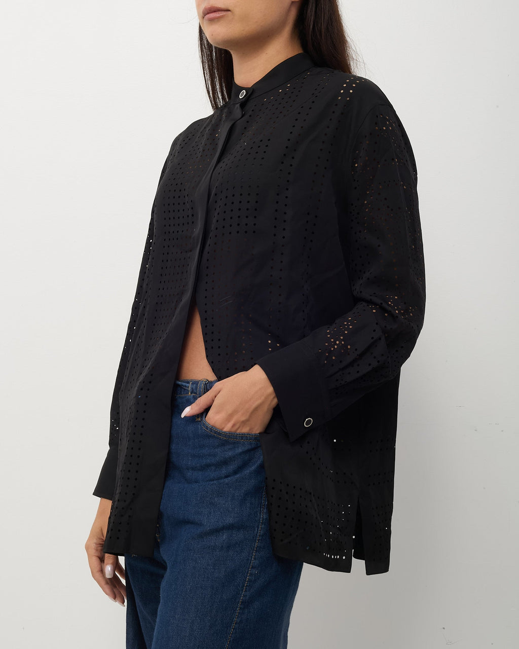 Hermès Black Perforated Silk Long Sleeve Button Down Shirt - 36