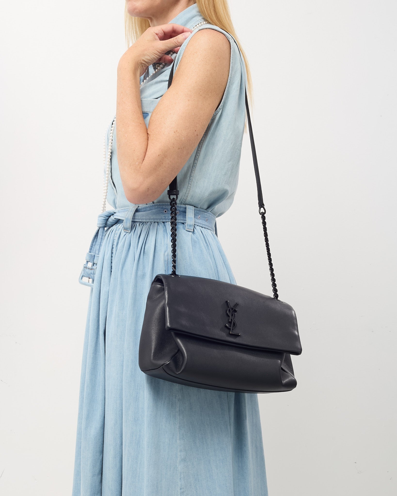 Saint Laurent Black Grain De Poudre Leather BHW YSL Monogram Medium West Hollywood Shoulder Bag