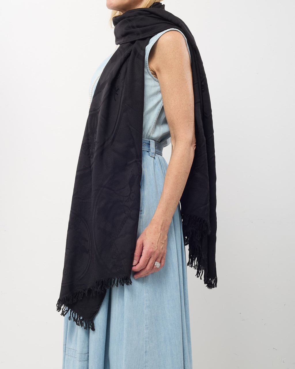 Hermès Black Cashmere and Silk New Libris Stole Scarf