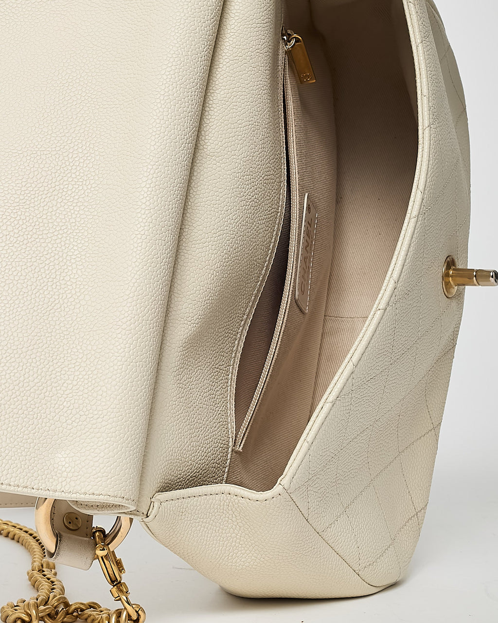 Chanel White Caviar Leather Large Top Handle Flap Bag with Removable Strap