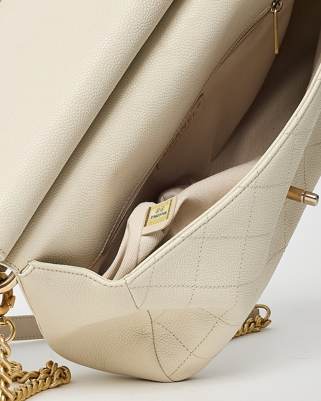 Chanel White Caviar Leather Large Top Handle Flap Bag with Removable Strap