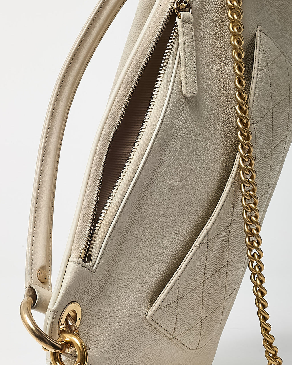 Chanel White Caviar Leather Large Top Handle Flap Bag with Removable Strap