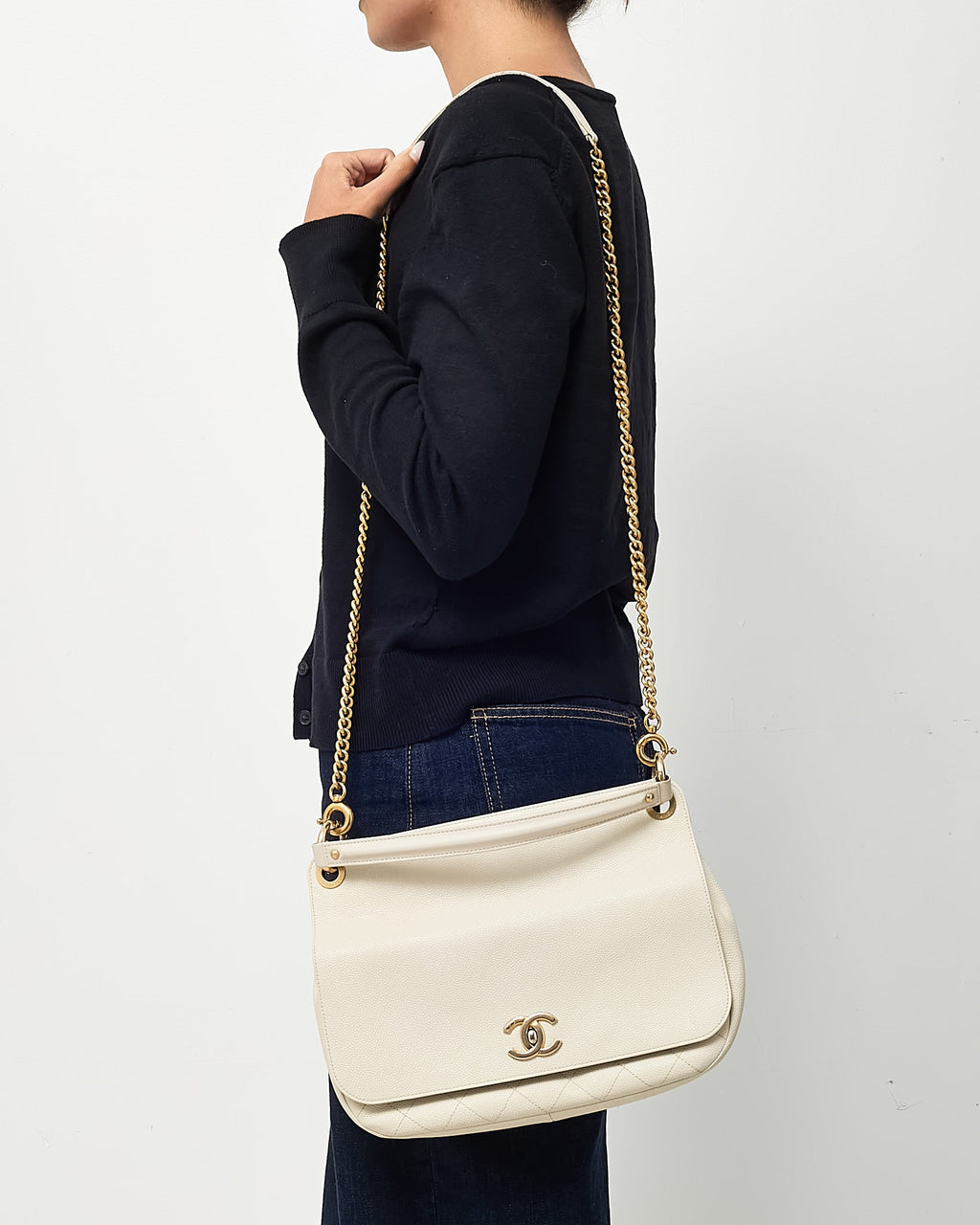 Chanel White Caviar Leather Large Top Handle Flap Bag with Removable Strap