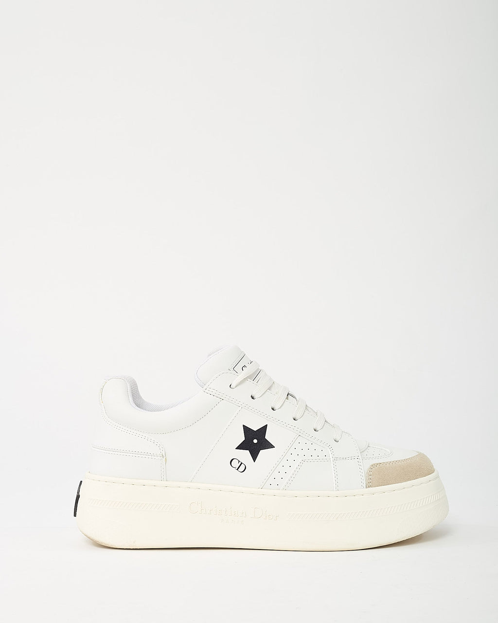 Dior White Calfskin Leather and Beige Suede Dior Star Sneakers - 38
