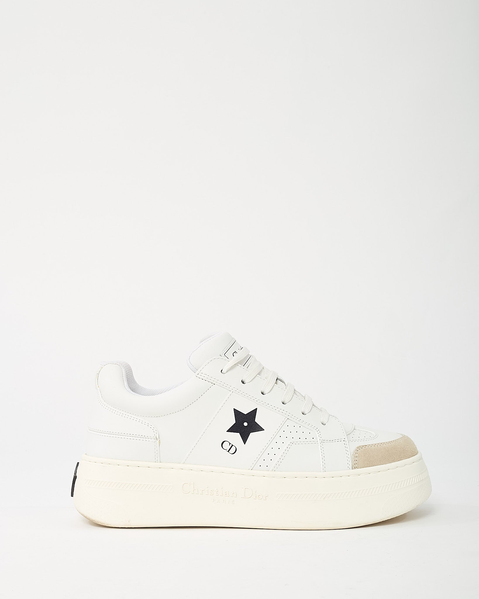 Dior White Calfskin Leather and Beige Suede Dior Star Sneakers - 38