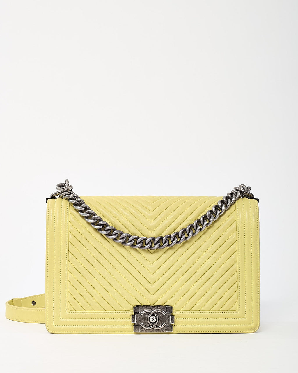 Chanel Lime Green Chevron Quilted Lambskin Leather Large Boy Bag with Ruthenium Hardware