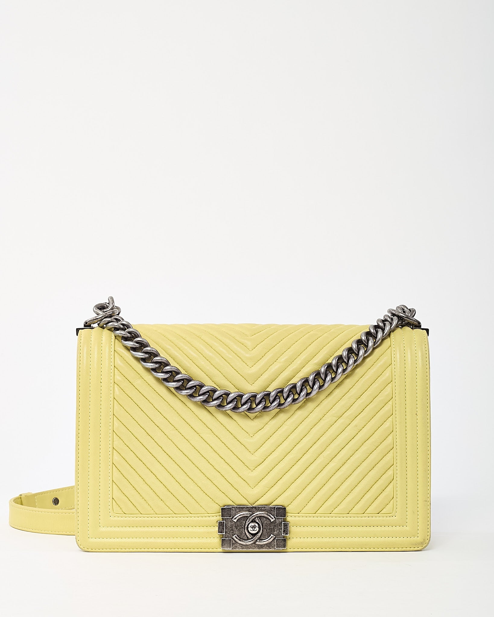 Chanel Lime Green Chevron Quilted Lambskin Leather Large Boy Bag with Ruthenium Hardware