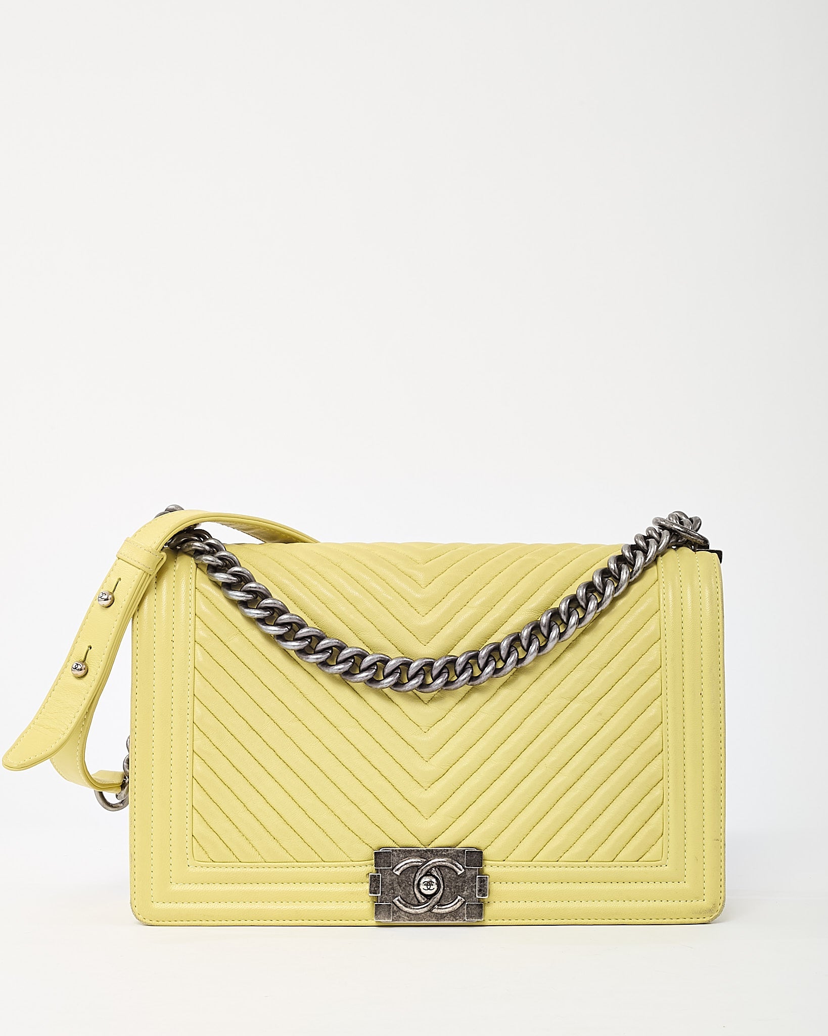 Chanel Lime Green Chevron Quilted Lambskin Leather Large Boy Bag with Ruthenium Hardware