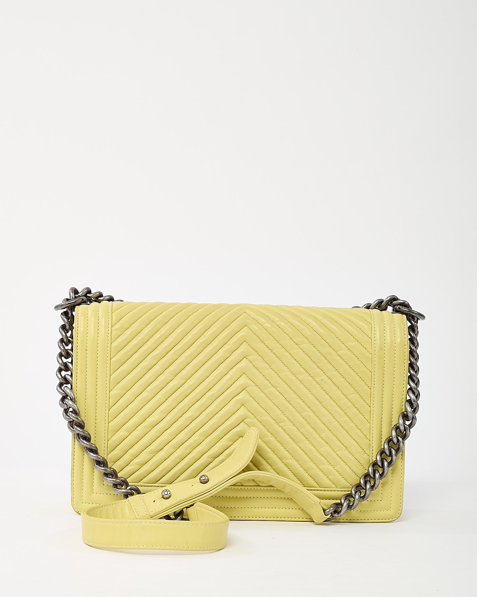 Chanel Lime Green Chevron Quilted Lambskin Leather Large Boy Bag with Ruthenium Hardware