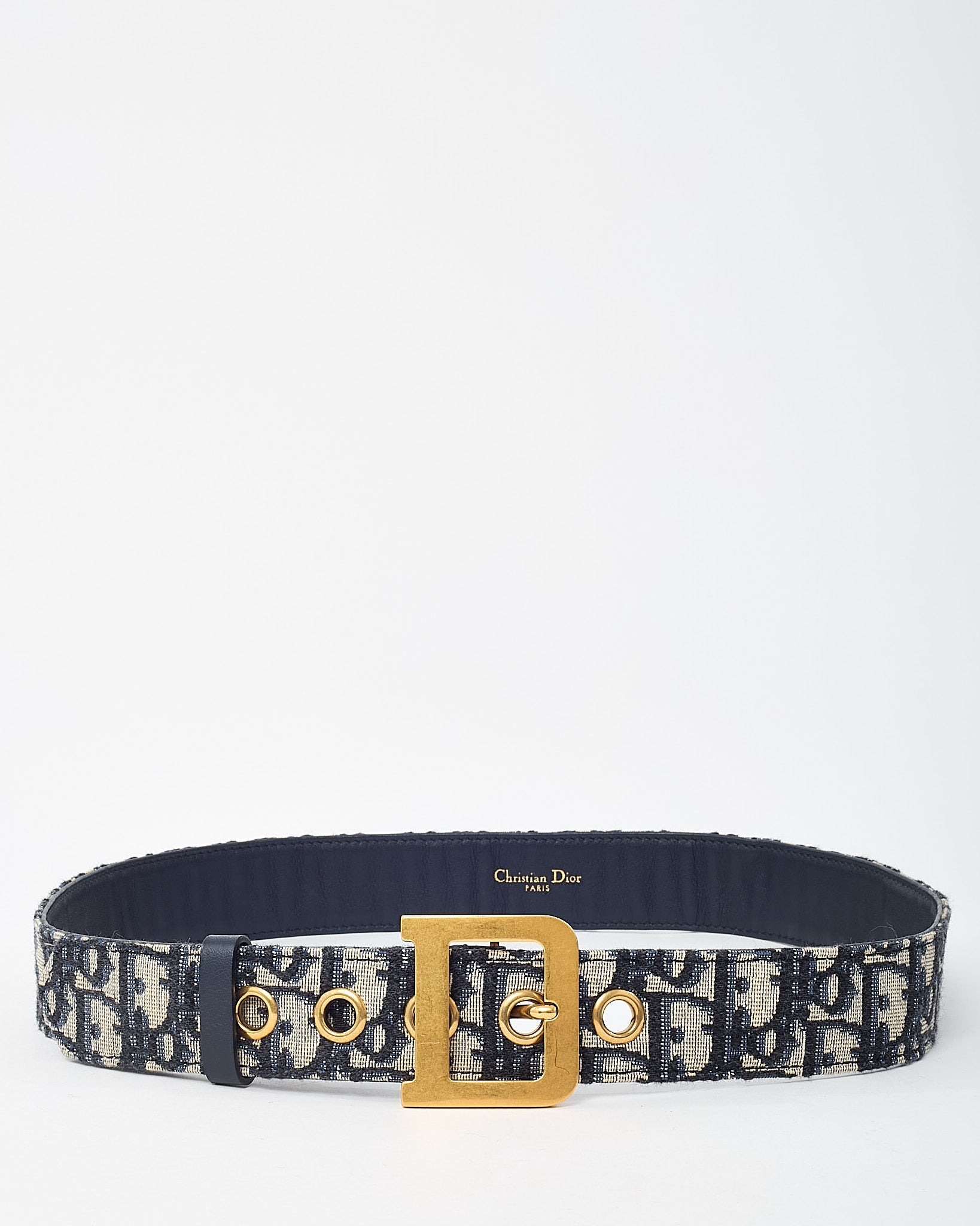Dior Navy and White Monogram Oblique Jacquard Canvas Gold D DiorQuake Belt - 85