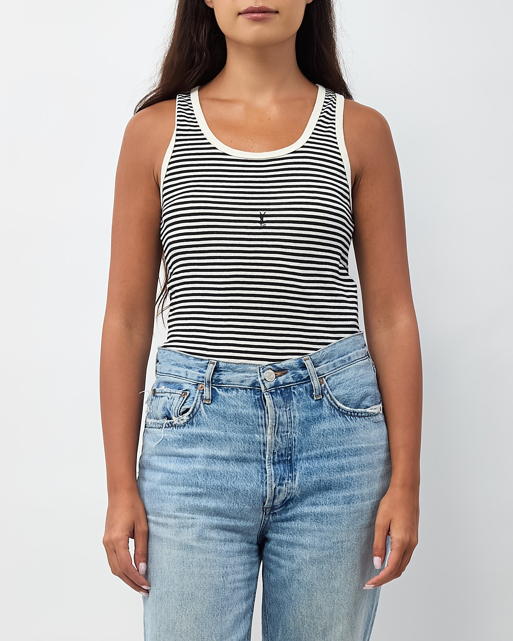Saint Laurent Black and White Stripe YSL Logo Cassandre Tank Top - S