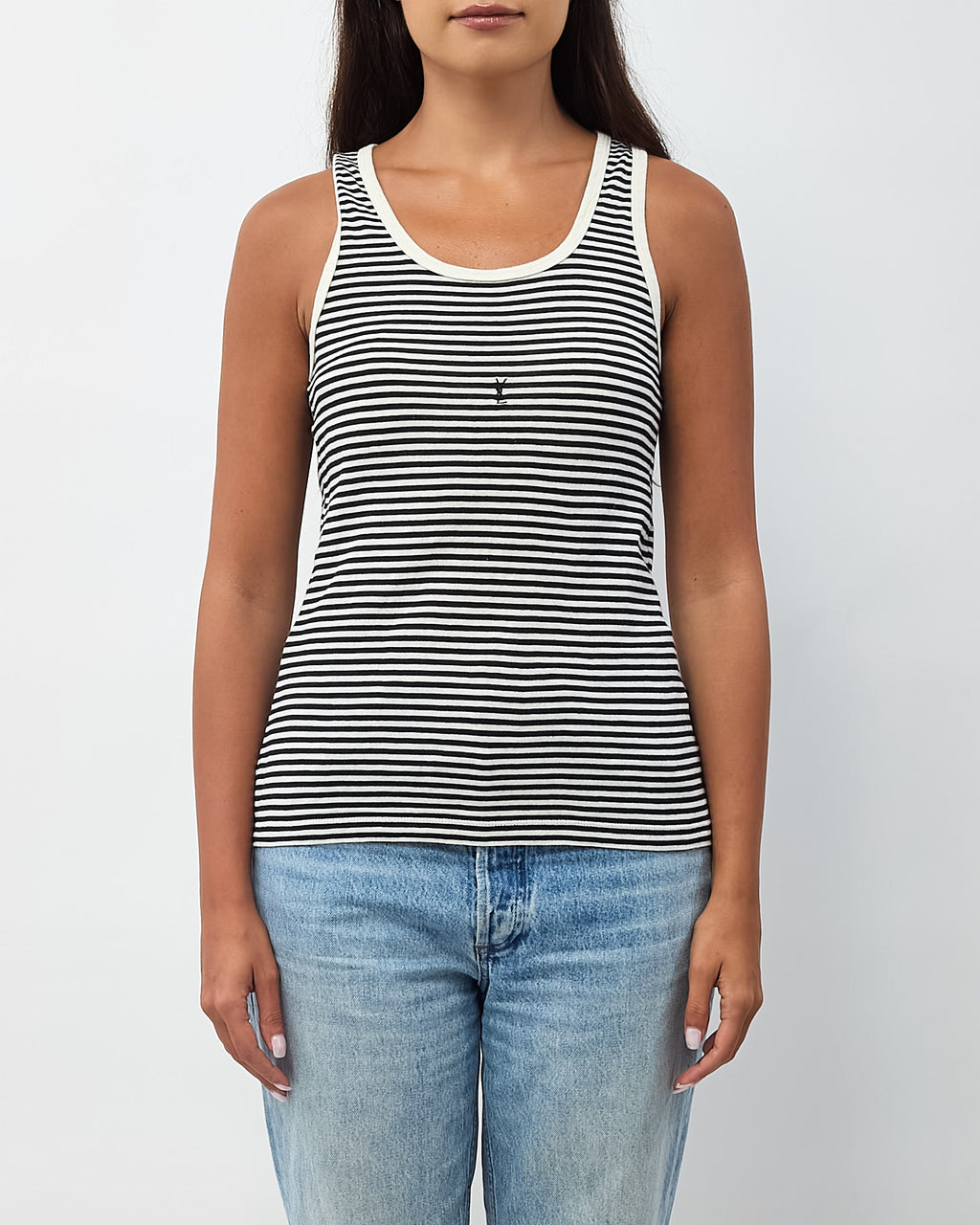 Saint Laurent Black and White Stripe YSL Logo Cassandre Tank Top - S
