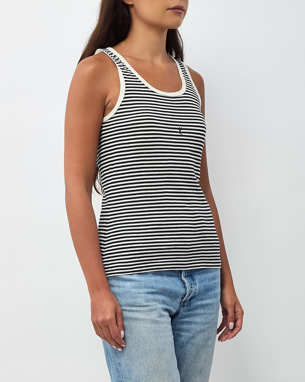 Saint Laurent Black and White Stripe YSL Logo Cassandre Tank Top - S