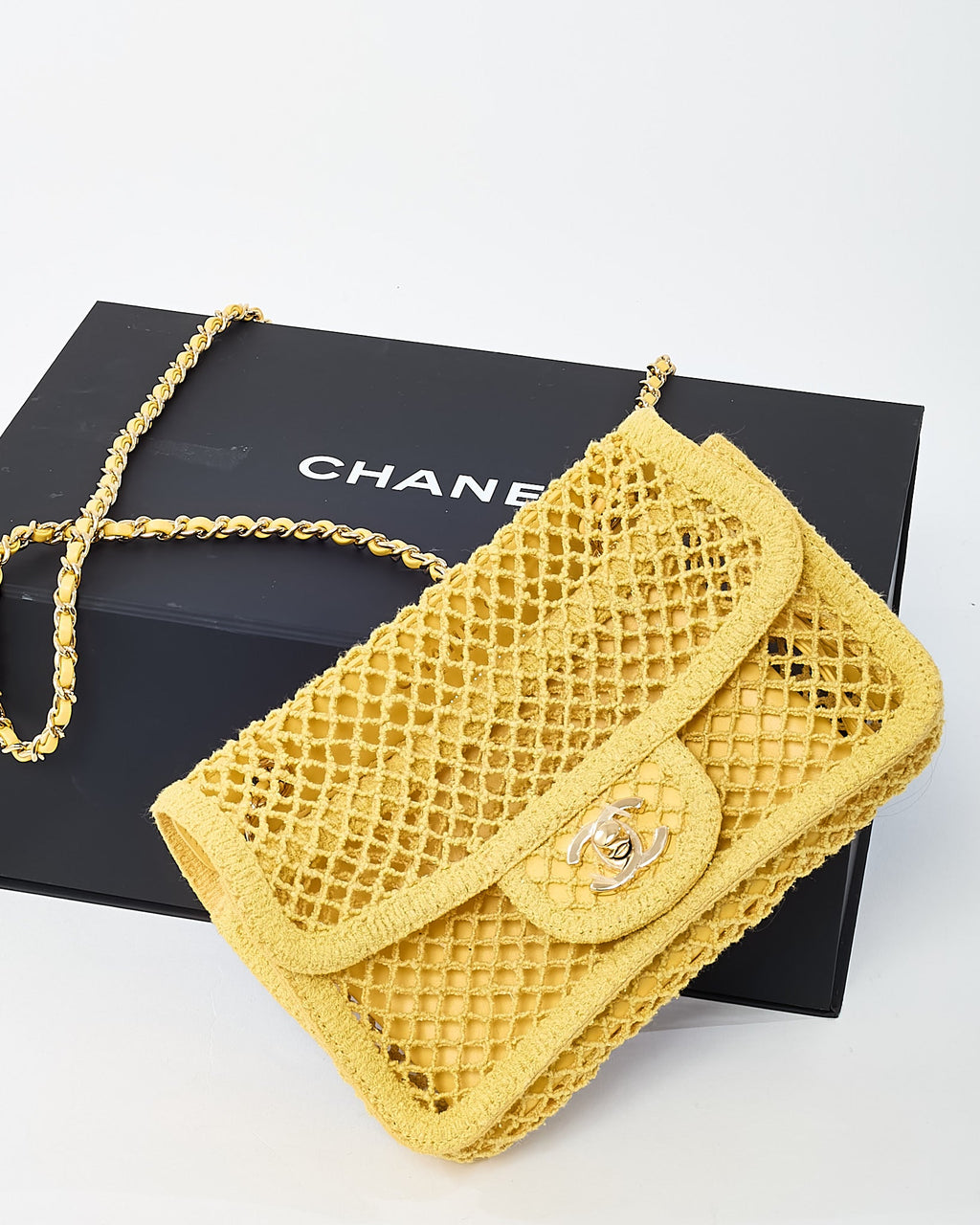 Chanel Coco Beach Yellow Mesh Macrame Small Flap Bag GHW