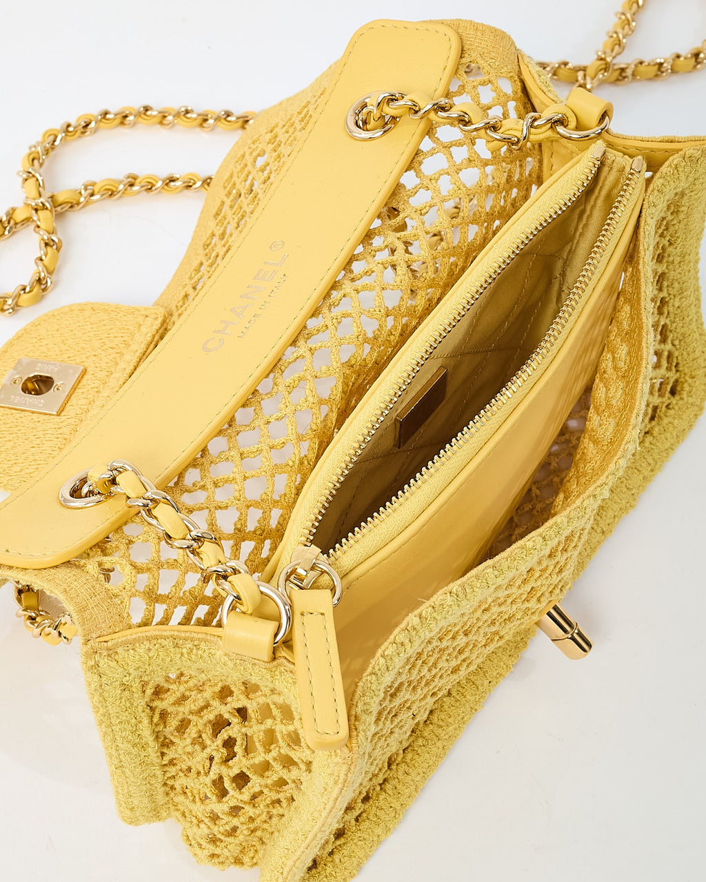 Chanel Coco Beach Yellow Mesh Macrame Small Flap Bag GHW