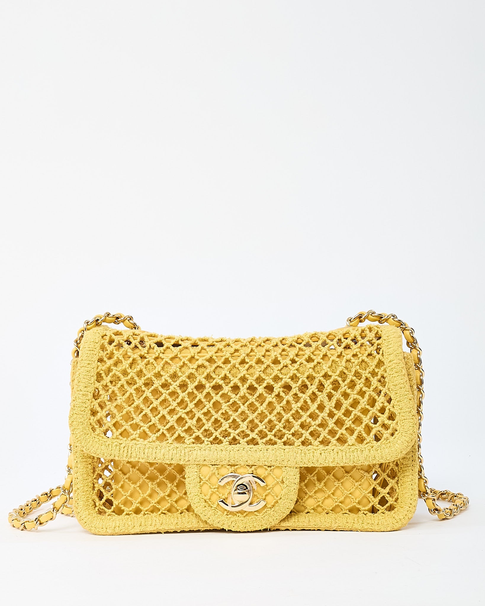 Chanel Coco Beach Yellow Mesh Macrame Small Flap Bag GHW
