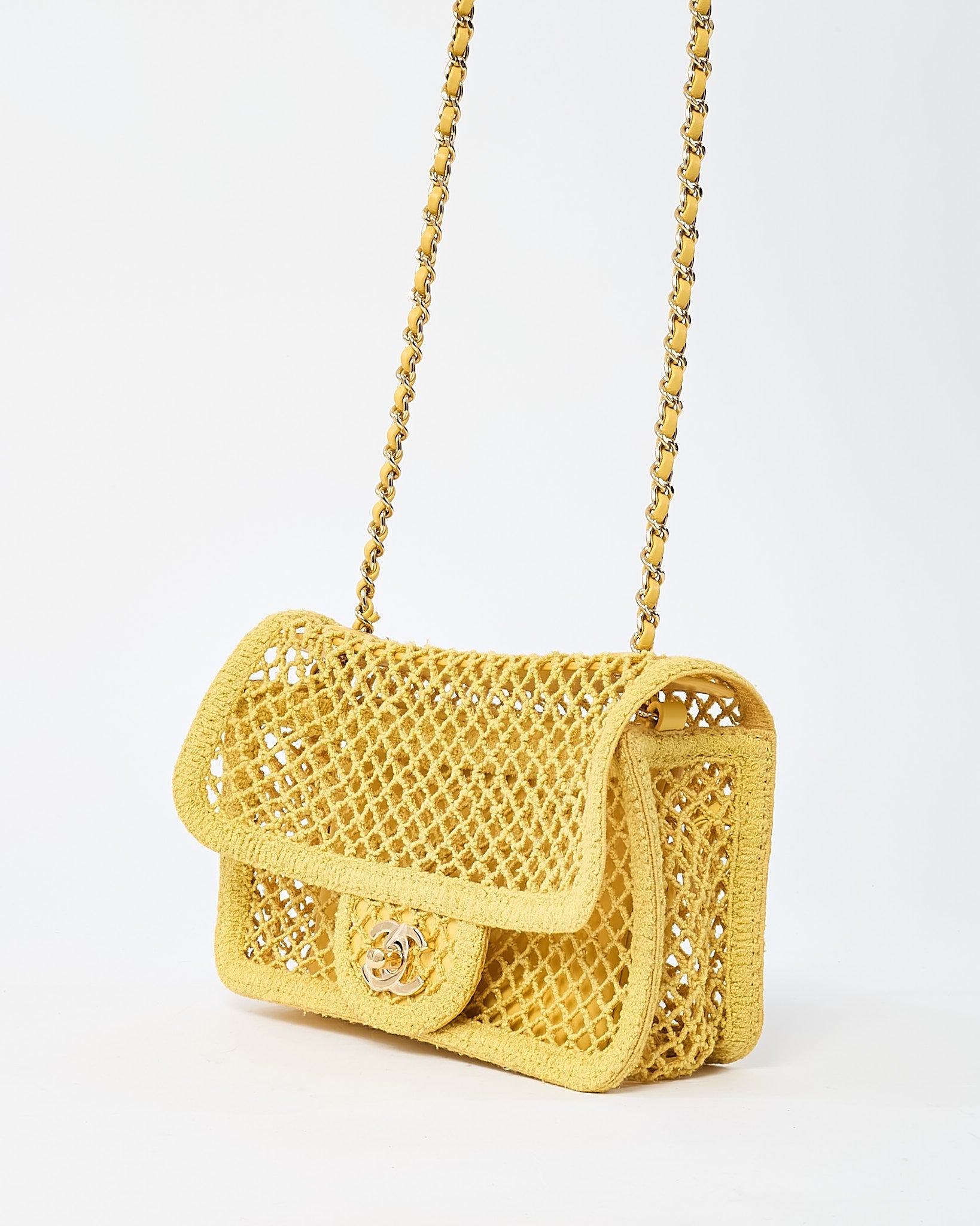 Chanel Coco Beach Yellow Mesh Macrame Small Flap Bag GHW