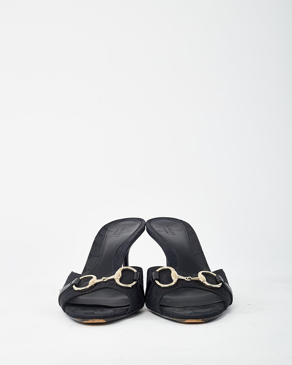 Gucci Black GG Monogram Canvas Open-Toe Gold Horsebit Mule Sandals - 40.5